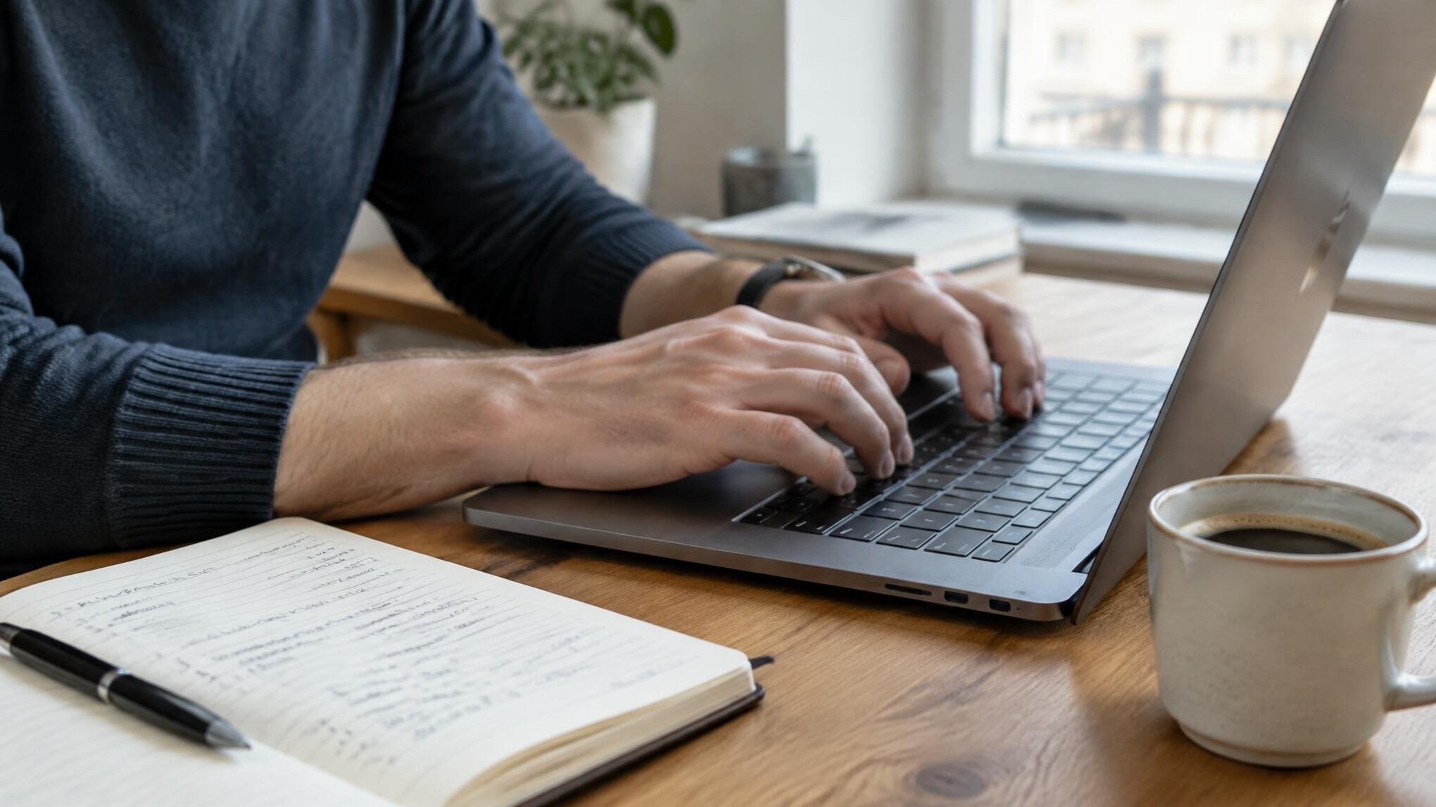 Hands typing on a laptop with notes about team collaboration nearby